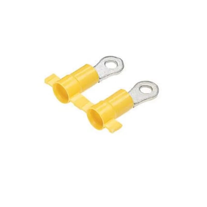 Heavy Duty Ring Terminal, vinyl insulated, plastic insulation crimp, 16 12 AWG, .05 stock and #10 stud size.