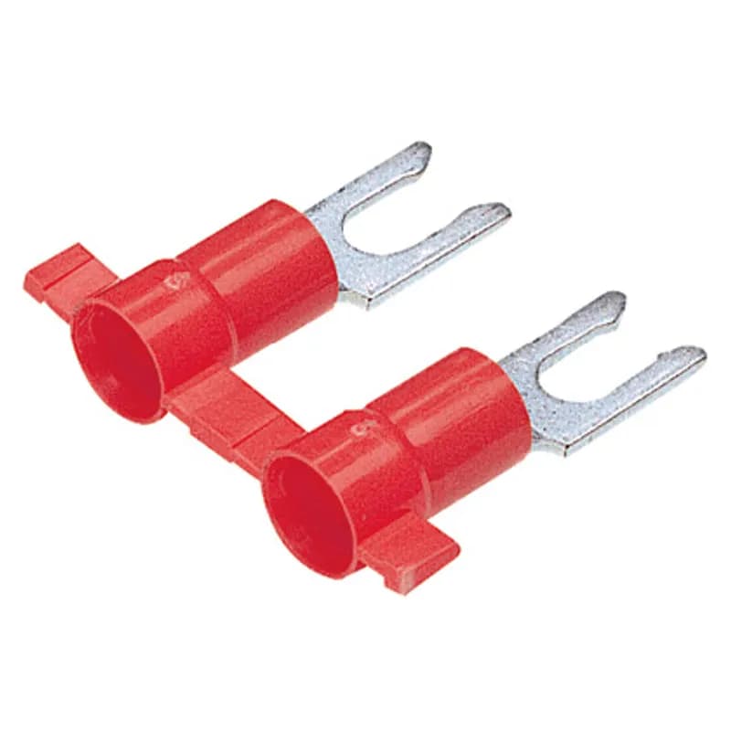 The PV18-8LFB-3K Reel Smart Terminal is a continuously molded and vinyl fully insulated, locking fork terminal. The continuously molded design allows for consistent and reliable processing through Panduit applicators. Brazed seam protects terminal barrel from splitting during the crimp process. Internal barrel serrations assure good wire contact and maximum tensile strength.