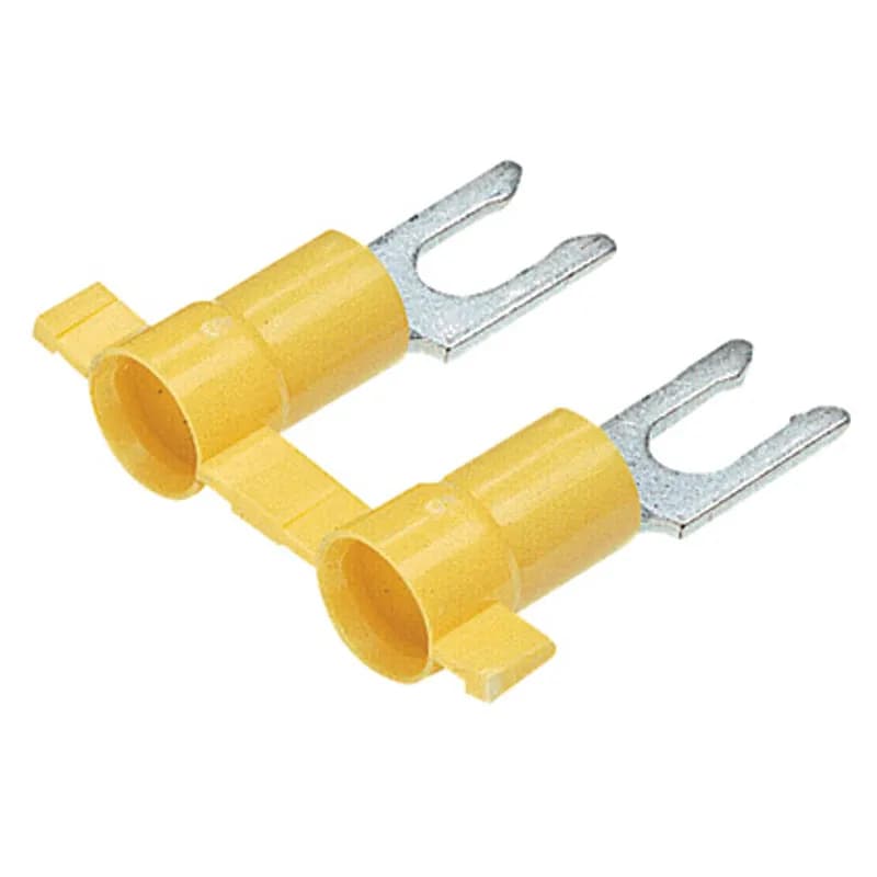 Locking Fork Terminal, vinyl insulated, funnel entry, plastic insulation crimp, 12- 10 AWG wire range, #10 stud size.