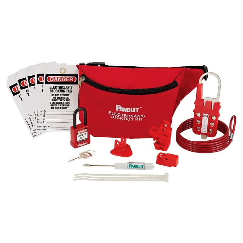 Panduit PSL-PK-EAP - Electrician's Lockout Kit: (1) Screwdriver, (1) PSL-PK pouch, (1) PSL-8 red non-conductive padlock, (1) PSL-MLD multiple lockout device, (1) PSL-WS wall switch lockout device, (1) PSL-PCBNT PowerLOK No Tool circuit breaker lockout device, (1) PSL-P plug lockout device, (5) PVT-30 electrician's blocking tags.