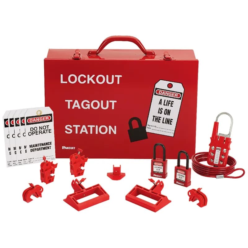 Panduit PSL-KT-PWRP - Power and Panel Distribution Lockout Kit: (1) Screwdriver(1) PSL-STATION metal wall mount cabinet(2) PSL-8 red non-conductive padlocks(1) PSL-MLD multiple lockout device(2) PSL-PCBNT "No Tool" PowerLOK circuit breaker lockout device(2) PSL-CBILNT circuit breaker device for Square D I-LINE/Federal Pacific (FPE) circuit breakers (2) PSL-CBL large handle circuit breaker lockout devices(1) PSL-P plug lockout(25) PVT-23-Q "DO NOT OPERATE ELECTRICIANS AT WORK" tags