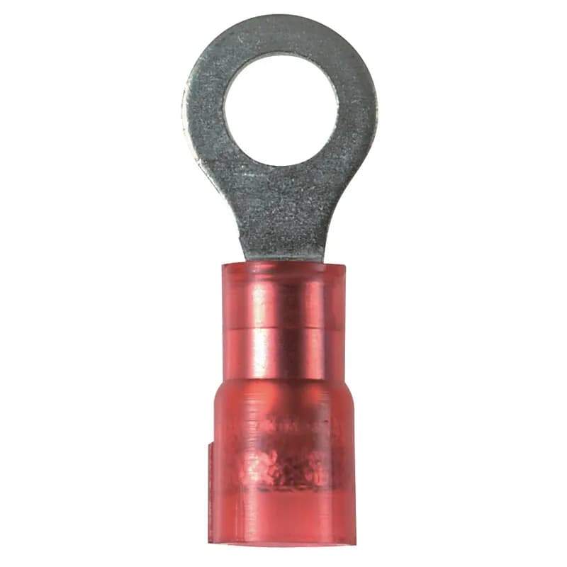Ring Terminal, 22 18 AWG, #6 stud size, narrow tongue, funnel entry, nylon insulated, bulk package.