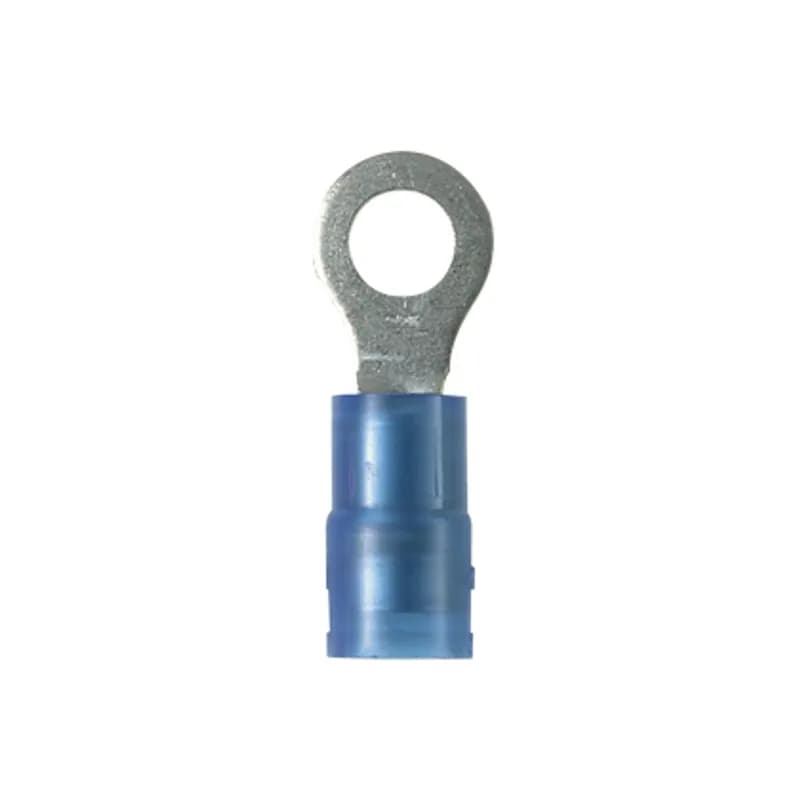 Ring Terminal, 16 14 AWG, #8 stud size, funnel entry, nylon insulated, bulk package.