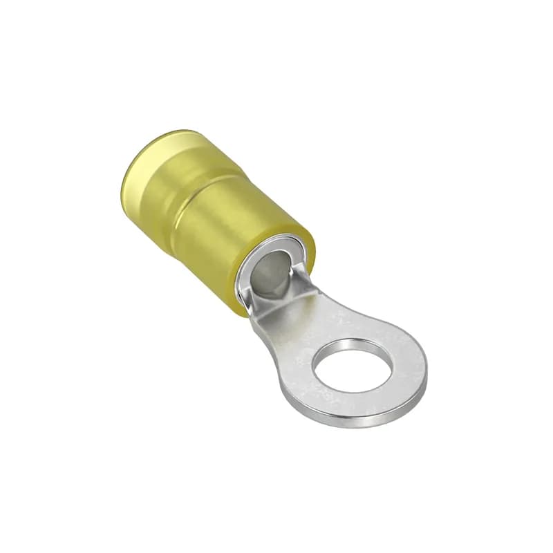 The PNF10-10R-D Pan-Term Terminal is a nylon insulated, ring terminal with funnel entry. The metal insulation grip sleeve crimps to wire insulation, providing protection and strain relief to the crimp joint for high vibration applications. Internal barrel serrations assure good wire contact and maximum tensile strength.