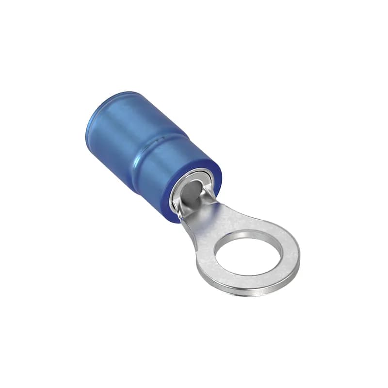The PNF14-10R-M Pan-Term Terminal is a nylon insulated, ring terminal with funnel entry. The metal insulation grip sleeve crimps to wire insulation, providing protection and strain relief to the crimp joint for high vibration applications. Internal barrel serrations assure good wire contact and maximum tensile strength.