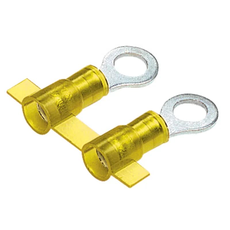 Ring Terminal, nylon insulated, funnel entry, metal sleeve, 12 10 AWG, 3/8" stud size.