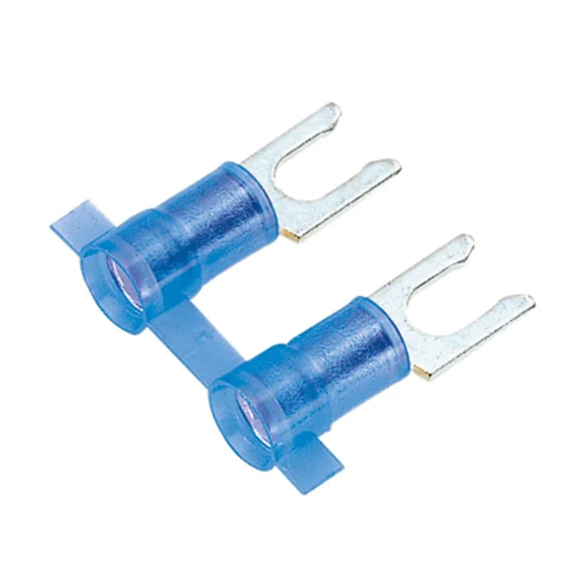Locking Fork Terminal, nylon insulated, funnel entry, metal insulation grip sleeve, 16 - 14 AWG wire range, #10 stud size.