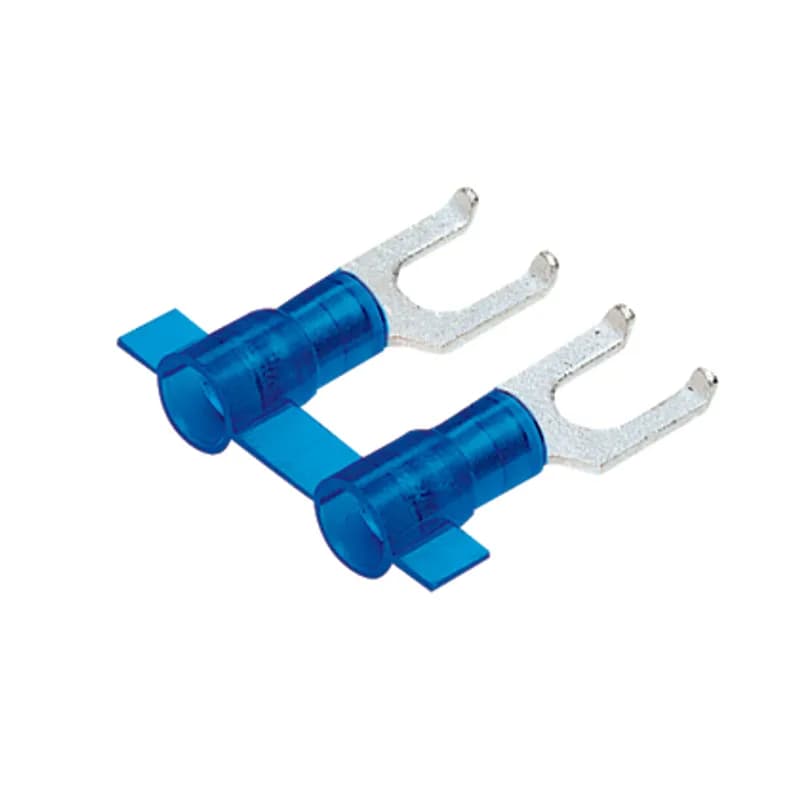Flanged Fork Terminal, nylon insulated, funnel entry, metal insulation grip sleeve, 16 - 14 AWG wire range, #8 stud size.
