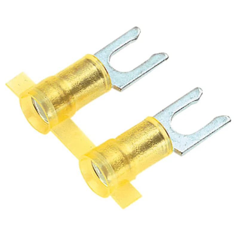 Locking Fork Terminal, nylon insulated, funnel entry, metal insulation grip sleeve, 12 - 10 AWG wire range, #6 stud size.