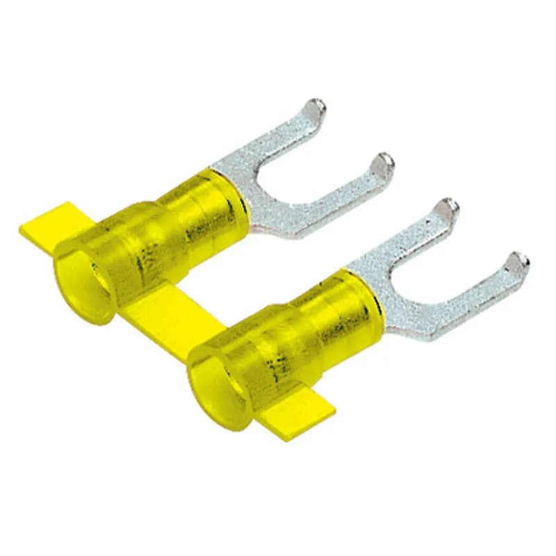 Flanged Fork Terminal, nylon insulated, funnel entry, metal insulation grip sleeve, 12 - 10 AWG wire range, #8 stud size.