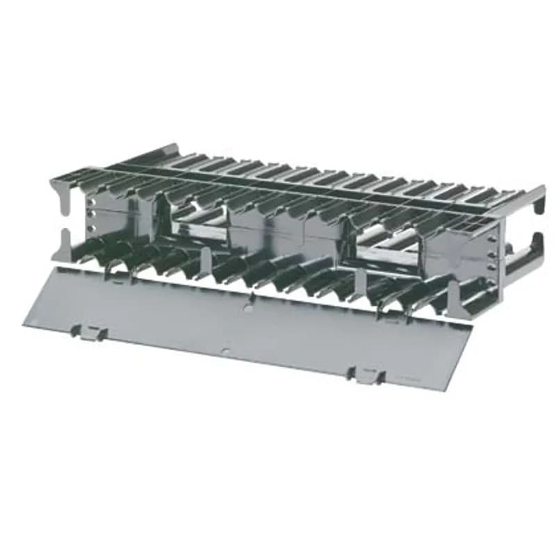 The NetManager Horizontal Cable Manager cost-effectively organizes and protects copper and fiber network cabling in any standard EIA 19 inch (483mm) rack or cabinet. Bend radius control ensures longer cable life with fewer kinks and snags that interrupt network service. Removable hinged plastic cover, dual-sided, ABS plastic, 2 RU. The manager is black.