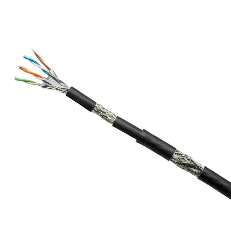 IndustrialNet Copper Cable, Industrial Ethernet, Harsh Environment, Marine Grade, Category 7, 4-pair, 22 AWG stranded, S/FTP, LSZH, Oil and fuel resistant, UV and MUD resistant, SHF2 compliant, HDPE jacket protected by stainless steel armor and secondary jacket, Black, DNV/GL and ABS certified, 1640ft/500m reel