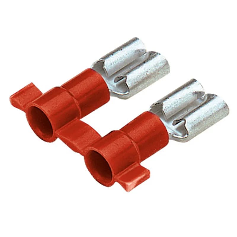 The vibration resistant female disconnect is made of brass and is tin-plated. It is barrel insulated in red vinyl housing. It has a tab size of 0.187/0.205 x 0.032" (4.8/5.2 x 0.8 mm) and supports a wire range of 22-18 AWG (0.5-1.0 mm ). It is 0.77" (19.6 mm) long and 0.25" (6.4 mm) wide. The disconnect has a funnel entry barrel configuration and a butted seam barrel. It comes in reels of 3000.