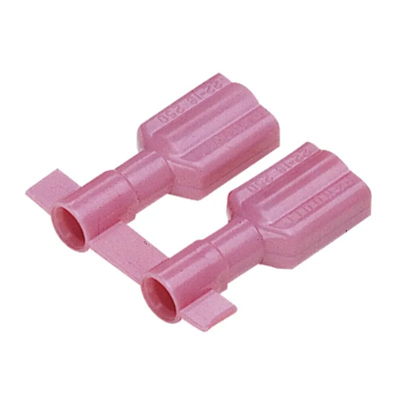 The vibration resistant female disconnect is made of brass and is tin-plated. It is fully insulated in red premium nylon housing. It has a tab size of 0.187/0.205 x 0.032" (4.8/5.2 x 0.8 mm) and supports a wire range of 22-18 AWG (0.5-1.0 mm ). It is 0.78" (19.8 mm) long and 0.31" (7.9 mm) wide. The disconnect has a funnel entry barrel configuration and a butted seam barrel. It comes in reels of 3000.