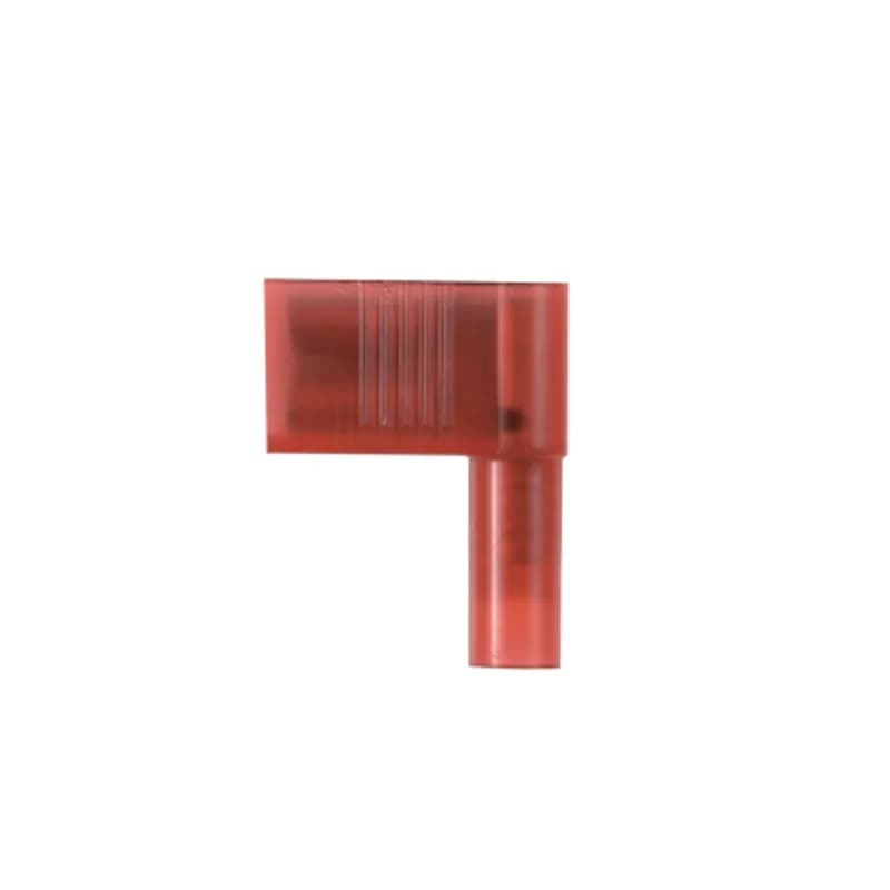 The vibration resistant, right angle style female disconnect is made of brass and is tin-plated. It is insulated in red nylon. It has a tab size of 0.205/0.187 x 0.032 (5.2/4.8 x 0.8 mm) and supports a wire range of 22-18 AWG (0.5-1.0 mm ). It is 0.78" (19.8 mm) long, 0.36" (9.1 mm) wide, and has a depth of 0.62" (15.7 mm). The disconnect has a funnel entry configuration and a butted seam barrel. It comes in boxes of 1000.