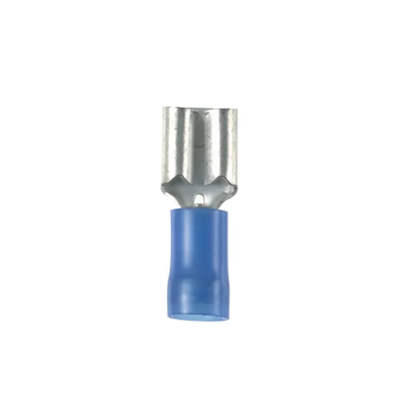 The vibration resistant female disconnect in is made of brass and is tin-plated. It is barrel insulated in a blue, nylon housing. It has a tab size of 0.187 x 0.032" (4.8 x 0.8 mm) and supports a wire range of 16-14 AWG (1.5-2.5 mm ). It is 0.76" (19.3 mm) long and 0.23" (5.8 mm) wide. The disconnect has a funnel entry barrel configuration and an insulation grip sleeve barrel. It comes in bottles of 100.