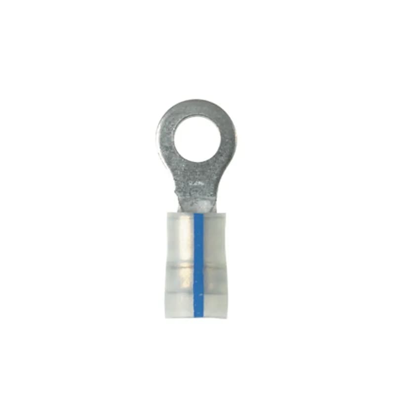 Ring terminal, 18 14 AWG, KYNAR insulated, 1/4" stud size, bulk package.