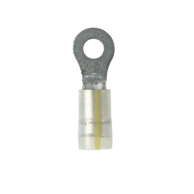 Ring terminal, 12 10 AWG, KYNAR insulated, 1/4" stud size, bulk package.