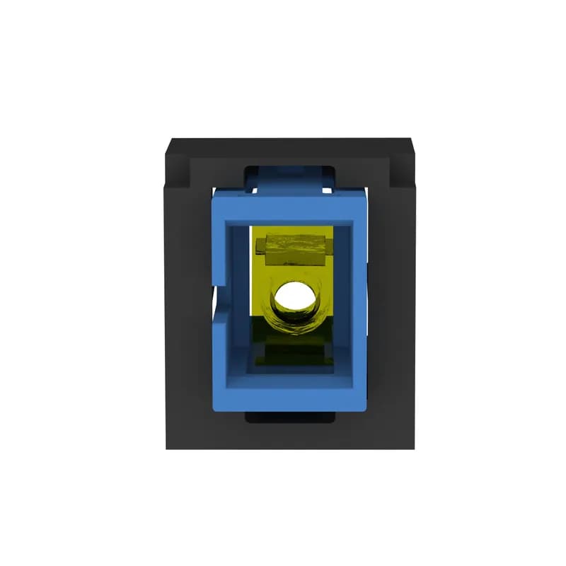 The Mini-Com Singlemode Simplex SC Adapter is a small form factor (SFF) adapter with integrated panel retention clips and are TIA/EIA-605 FOCIS-10 compatible. It connects two SC connectors in one module space and features a blue SC simplex fiber adapter along with a black module and has zirconia split sleeves.