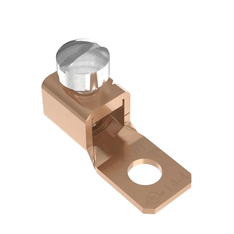 The CXS70-14-C Mechanical Connector Lug one-hole copper, single barrel, is made from high strength electrolytic copper to provide premium electrical and mechanical performance for wide wire range-taking capability that helps minimize inventory requirements. The plated steel slotted screw provides a durable electrical contract between conductor and connector. The internal pressure bar and V-bottom collar provide uniform clamping force to assure positive contact.