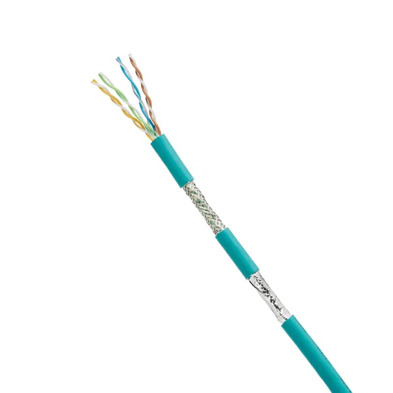 The Cat 5e SF/UTP copper cable is constructed of 24/7 AWG stranded copper conductors with a HDPE insulation. The copper conductors are twisted in pairs and wrapped with a foam polypropylene tape to form a core. All four pairs are surrounded by an overall braided shield and metallic foil and covered with a thermoplastic elastomer (TPE) jacket. The cable is supplied 305 meters (1,000 feet) to a reel and teal.