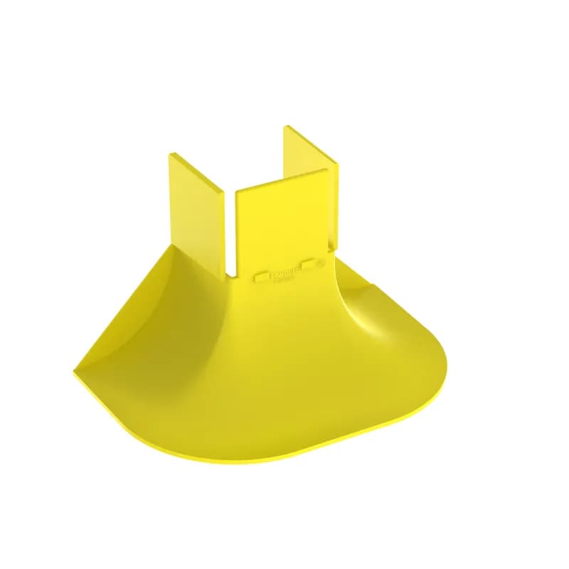 The 3-sided vertical tee trumpet spillout fitting is used in cable routing systems to limit the bend radius of the cable to 2 inches (50.8mm) when exiting from a FiberRunner Vertical Tee or 2x2 FiberRunner Fitting.