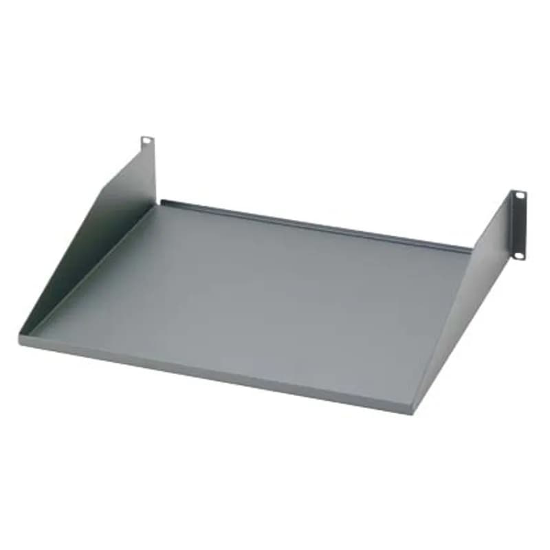 The 2-Post Rack mount shelf mounts test gear, computer equipment, and small networking devices on 3 inch (76mm) or 6 inch (152mm) channel 2-Post Racks. The one-piece steel shelf mounts to the front of EIA Racks. It is 2 RU with a 66 pound load capacity, and is black.