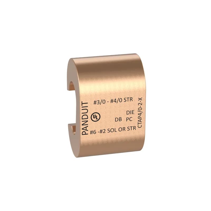 The CTAP4/0-2-X Compression Connector Tap provides high-strength and premium electrical properties. It is suitable for use with solid and stranded copper Code conductors for tapping into unbroken continuous main, as a wire joint or two-way splice. The wide wire range-taking capability minimizes inventory requirements. UL listed per ul 486 for use up to 35 kv and temperature rated 90 c when crimped with Panduit and specified competitor crimping tools and dies.
