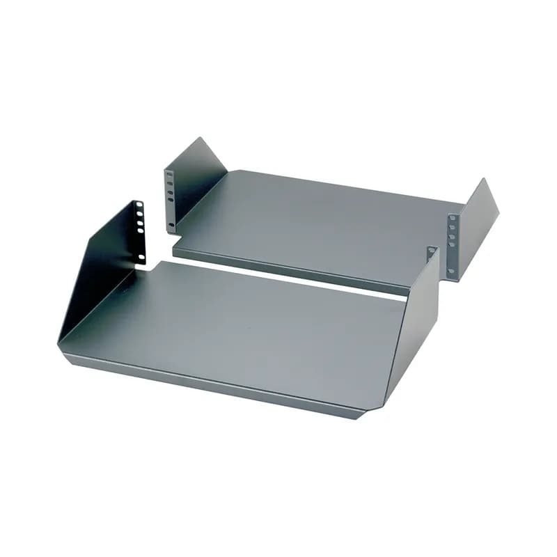 The Rack Mount Cantilevered Shelf mounts test gear, computer equipment and small networking devices on any EIA 19in (483mm) 2-Post Rack. The two-piece shelf mounts to the front and back rails of 2-Post EIA Racks. The cantilevered shelf has a load capacity of 200 lbs. The 3 RU shelf is aluminum and black in color.