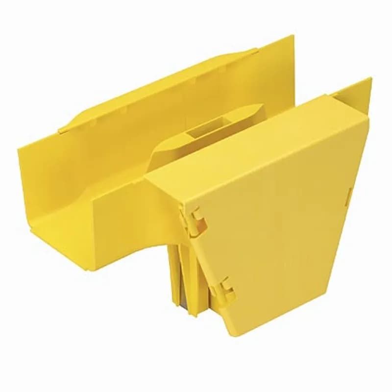 The FiberRunner 4x4 Vertical Tee Fitting attaches to a 4x4 channel and/or fitting to create a 90 vertical drop from a horizontal run. A hinged door is included. The vertical tee fitting requires a coupler to attach a trumpet or 3-port spillout to a vertical exit. It accepts the optional snap-on cover in conjunction with the channel.