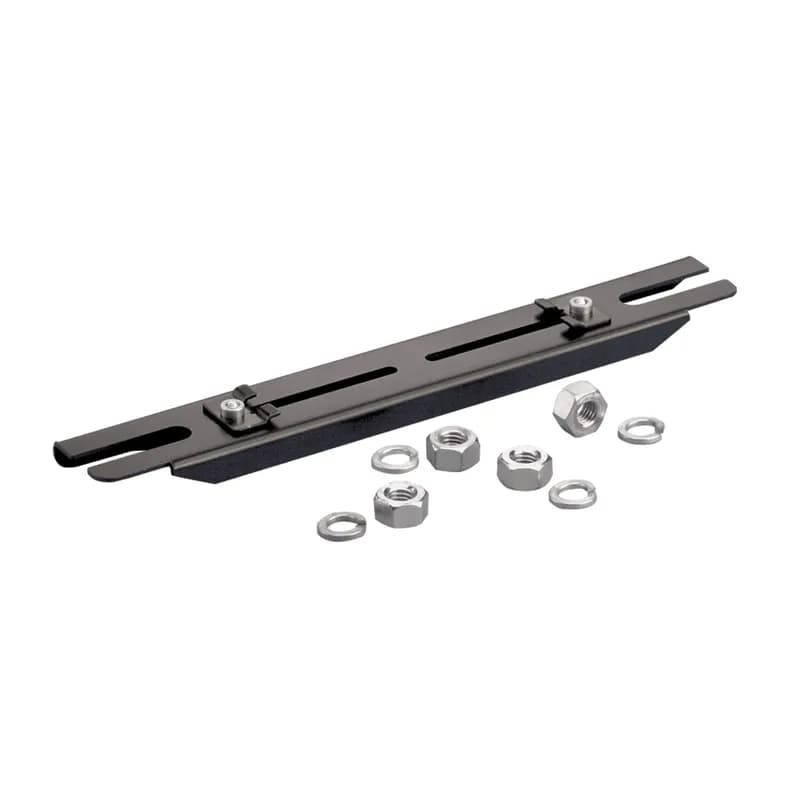 Used to support the 6x4 and 4x4 systems by spanning two threaded rod drops. Can be installed from above or below. Bracket is secured to each threaded rod with two nuts. The pre-assembled slide clamp enables fast assembly to channel. Use 7/16in nut driver on slide clamps, For 3/8in threaded rod.