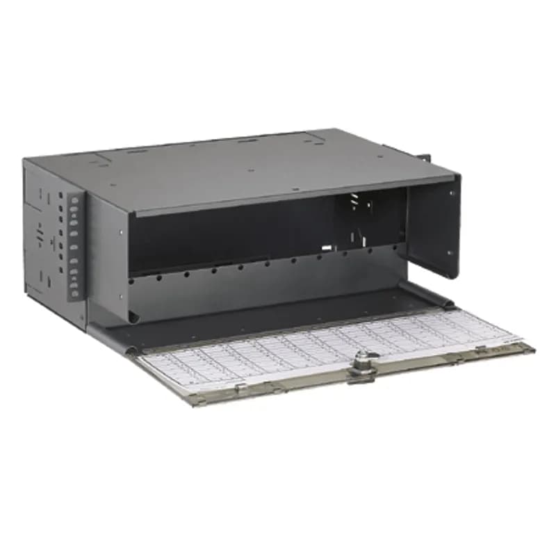 The Panduit Opticom 4 RU Rack Mount Fiber Enclosure has integral fiber management and features 12 FAP/cassette slots. It can accommodate 12 FAPs for a maximum of 288 fibers. It ensures network reliability by housing, organizing, managing and protecting fiber optic cable, terminations, splices, connectors and patch cords. It is black powder coated steel.