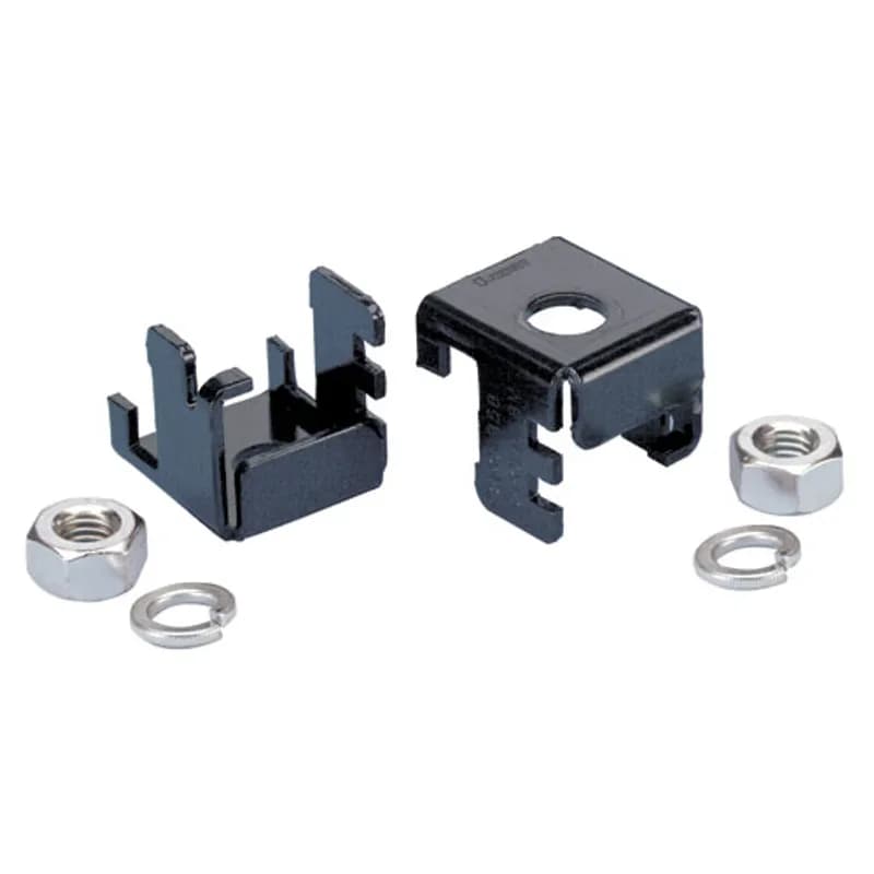 The fiber mounting 2-piece ladder rack bracket attaches to either a 3/8" (9.5mm) wide x 1 1/2" (38.1mm) or a 3/8" (9.5mm) wide x 2" (50.8mm) ladder rack rail. The bracket halves slide into position and clamp together on the ladder rack rail, which allows for one-handed assembly of the 5/8" threaded rod (not included). It contains the bracket and hardware for attaching the bracket to the ladder rack. It is black and made of steel.