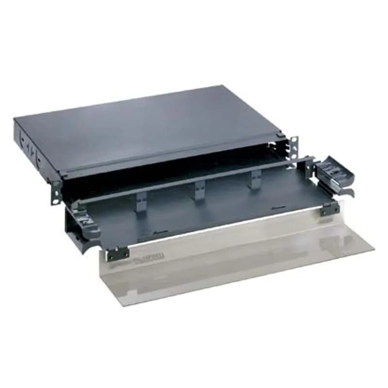 The Opticom Fiber Drawer is designed to organize fiber distribution when space is limited. The drawer is completely modular and accommodates up to 4 QuickNet cassettes, FAP and FMP adapter panels as well as 48 fiber and copper cables. The fiber drawer is steel, black, has 4 ports and fits in a 1 RU footprint.