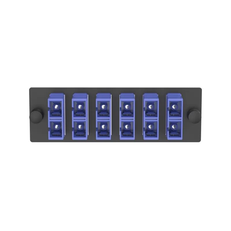 The Opticom SC fiber adapter panel is OS2 and is loaded with 6 SC duplex fiber optic adapters. The fiber optic adapters are blue with zirconia split sleeves.