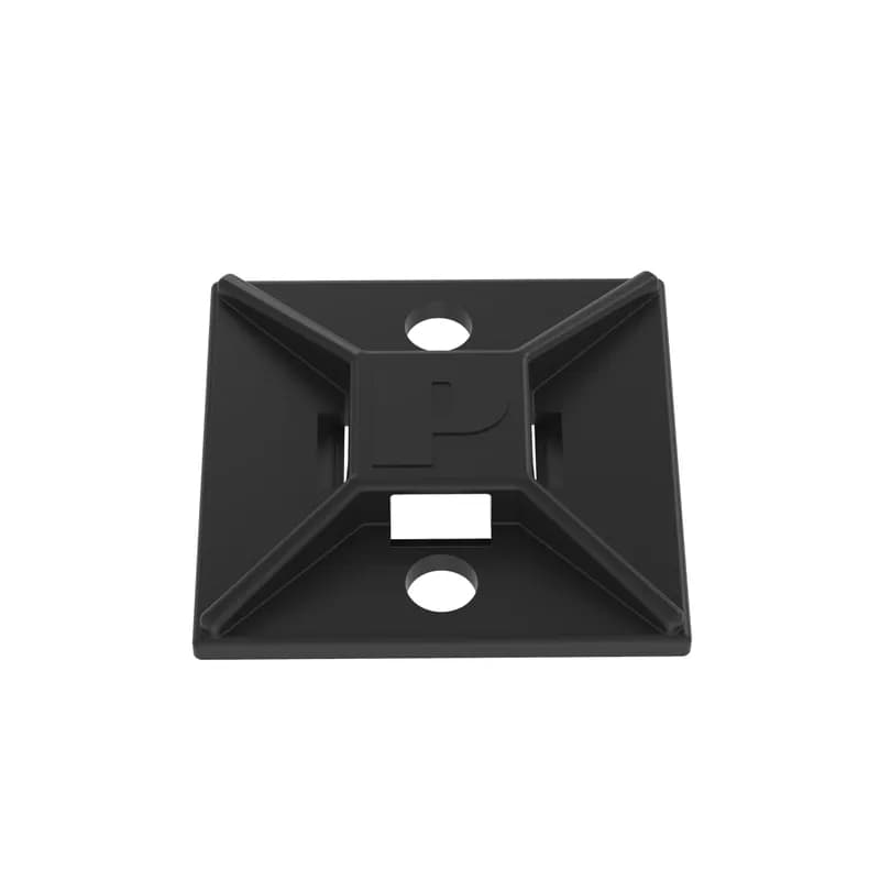 Panduit s ABM112-AT-D0 4-way acrylic-based adhesive backed cable tie mounts have been designed for fast installation and long-term performance and reliability. They are made of Weather Resistant Nylon 6.6. These mounts can be used with miniature, intermediate, and standard cable ties and are designed for outdoor, high-temperature environments. They are 1.12" x 1.12" (28.6mm x 28.6mm), supplied in strips of 2, are black in color and come in packages of 500.