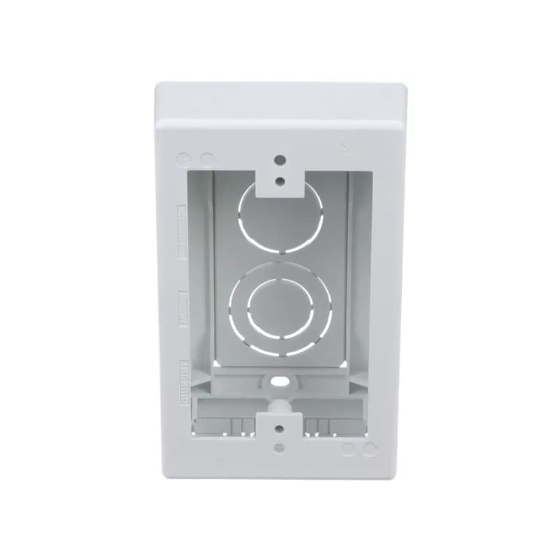 The low voltage junction box for Surface Raceway is a one gang snap together outlet box designed for low voltage applications. It is made to be used with the T45 or LD profile raceway. It accepts Pan-Way Screw-On Faceplates or any NEMA standard single gang faceplate. It measures 5 inches L x 3.26 inches W x 1.62 inches H (127.1mm x 82.7mm x 41.1mm). It is made of PVC material and is White.