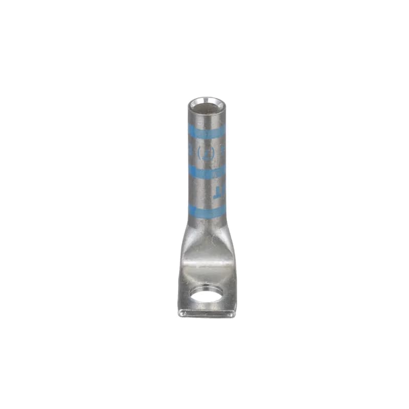 One-hole, long barrel lug, #6 AWG wire, 1/4 stud hole, 90 angle tongue.