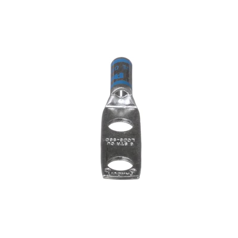 Two-hole, standard barrel lug with window, #6 AWG wire, 5/16 stud hole, 1 hole spacing.