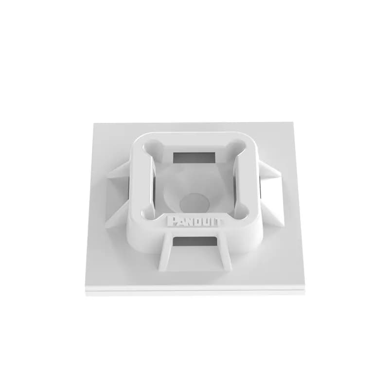 The cable tie mount in white is mounted with a #6 (M3) screw or user supplied adhesive. It is 1" long x 1" wide (25.4 x 25.4 mm), made of nylon 6.6, which increases mechanical strength, heat and wear resistance, and stiffness. It is used with miniature, intermediate, and standard cable ties. It is designed for indoor environments and comes in packages of 100.