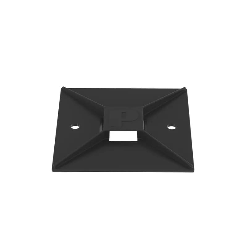 Panduit s ABM4H-AT-T0 4-way acrylic-based adhesive backed cable tie mounts have been designed for fast installation and long-term performance and reliability. They are made of Weather Resistant Nylon 6.6. and can be used with miniature, intermediate, standard, light-heavy, heavy, and hook and loop mount cable ties. These mounts are designed for outdoor, high-temperature environments. They are 2.0" x 2.0" (50.8mm x 50.8mm), supplied in strips of 2, are black in color and come in packages of 200.