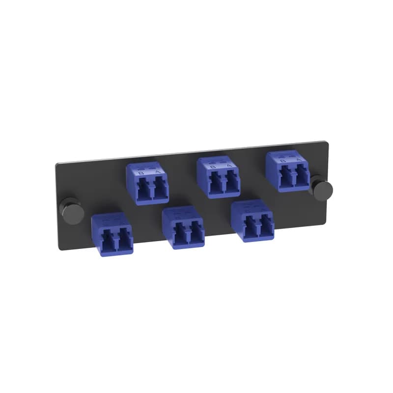The Opticom LC fiber adapter panel is OS2 and is loaded with 6 LC duplex fiber optic adapters. The fiber optic adapters are blue with zirconia split sleeves.