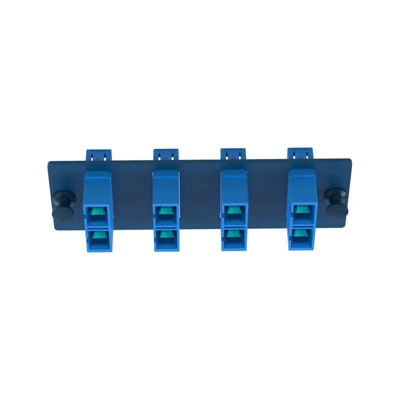 The Opticom SC fiber adapter panel is OS2 and is loaded with 4 SC duplex fiber optic adapters. The fiber optic adapters are blue with zirconia split sleeves.