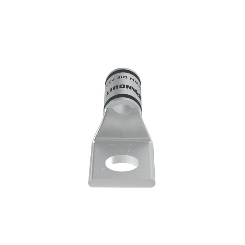 The LCA2-56-Q Tin-Plated Copper Compression Lug, one-hole, standard barrel, has color-coded barrels marked with Panduit and specified competitor die index numbers for proper crimp die selection. An inspection window aids to visually assure full conductor insertion, and the tin-plate material helps to inhibit corrosion. UL Listed and CSA Certified to 35 KV and temperature rated to 90 C.