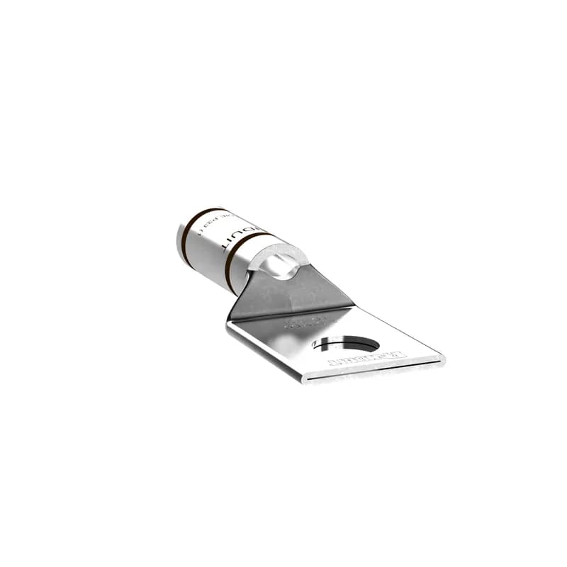 The LCA2-14-Q Tin-Plated Copper Compression Lug, one-hole, standard barrel, has color-coded barrels marked with Panduit and specified competitor die index numbers for proper crimp die selection. An inspection window aids to visually assure full conductor insertion, and the tin-plate material helps to inhibit corrosion. UL Listed and CSA Certified to 35 KV and temperature rated to 90 C