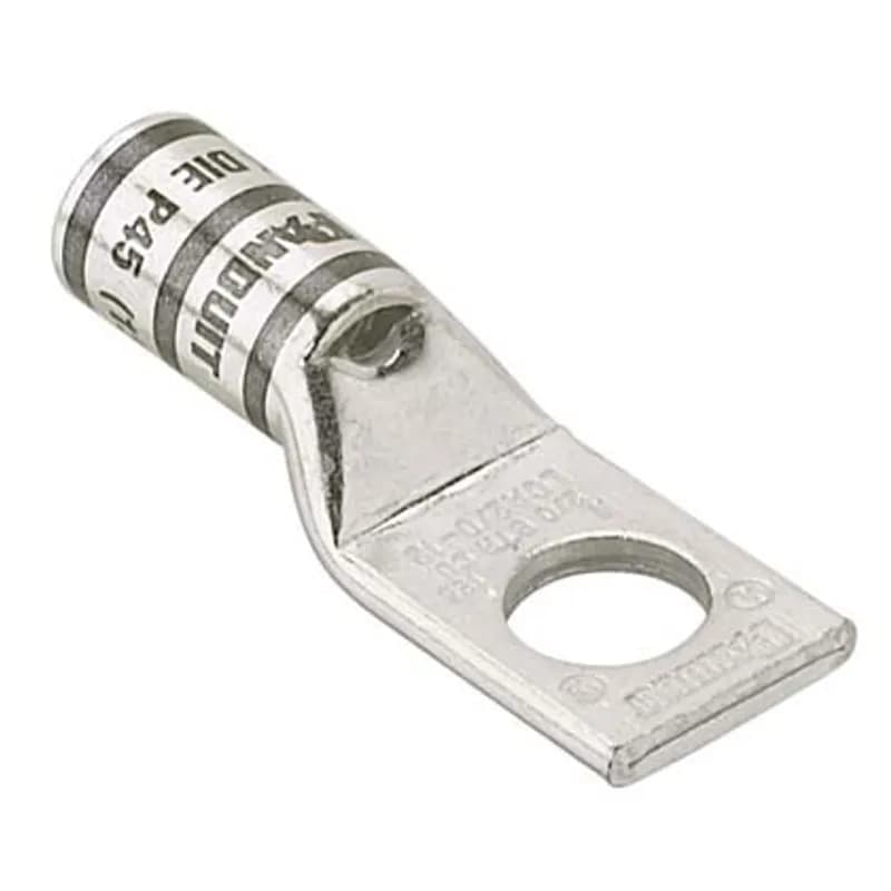 The LCA2/0-12-X Tin-Plated Copper Compression Lug, one-hole, standard barrel, has color-coded barrels marked with Panduit and specified competitor die index numbers for proper crimp die selection. An inspection window aids to visually assure full conductor insertion, and the tin-plate material helps to inhibit corrosion. UL Listed and CSA Certified to 35 KV and temperature rated to 90 C.