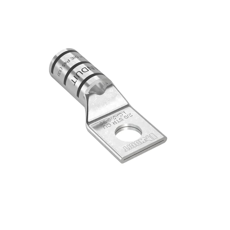 The LCA2/0-38-X Tin-Plated Copper Compression Lug, one-hole, standard barrel, has color-coded barrels marked with Panduit and specified competitor die index numbers for proper crimp die selection. An inspection window aids to visually assure full conductor insertion, and the tin-plate material helps to inhibit corrosion. UL Listed and CSA Certified to 35 KV and temperature rated to 90 C
