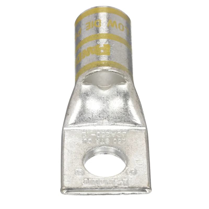 The LCA250-12-X Tin-Plated Copper Compression Lug, one-hole, standard barrel, has color-coded barrels marked with Panduit and specified competitor die index numbers for proper crimp die selection. An inspection window aids to visually assure full conductor insertion, and the tin-plate material helps to inhibit corrosion. UL Listed and CSA Certified to 35 KV and temperature rated to 90 C.