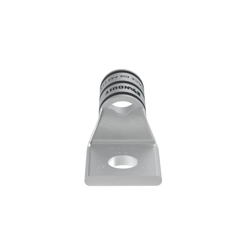 The LCA2/0-56-X Tin-Plated Copper Compression Lug, one-hole, standard barrel, has color-coded barrels marked with Panduit and specified competitor die index numbers for proper crimp die selection. An inspection window aids to visually assure full conductor insertion, and the tin-plate material helps to inhibit corrosion. UL Listed and CSA Certified to 35 KV and temperature rated to 90 C.