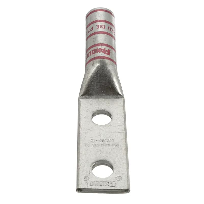 The LCC350-12-X Tin-Plated Copper Compression Lug, two-hole, long barrel, has color-coded barrels marked with Panduit and specified competitor die index numbers for proper crimp die selection. The long barrel maximizes the number of crimps and provides premium wire pull-out strength and performance. The generously beveled wire entry prevents bent back strands when inserting the conductor into the barrel. UL Listed and CSA Certified.